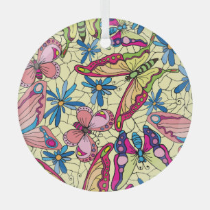 Schmetterlinge über Blume Wiesenansicht Ornament Aus Glas
