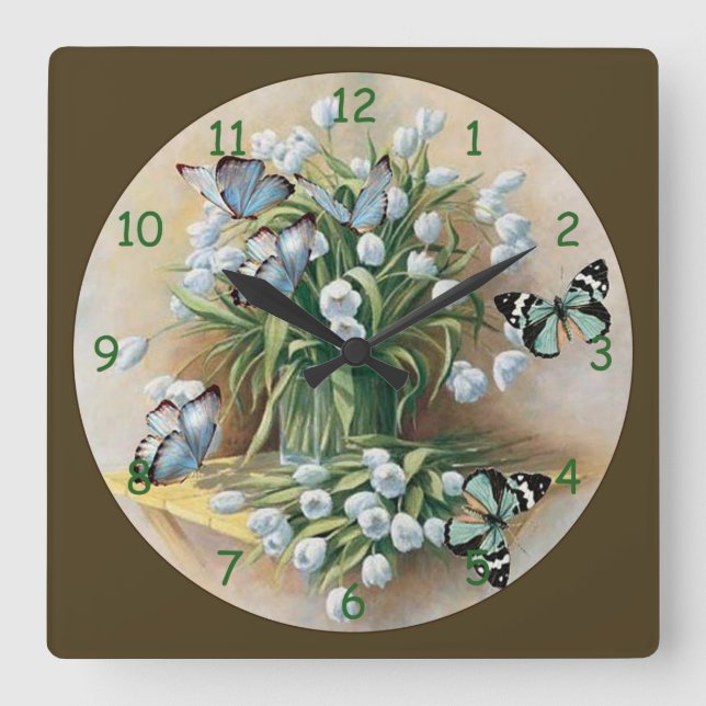 Schmetterlinge um Blume Quadratische Wanduhr (Vorderseite)