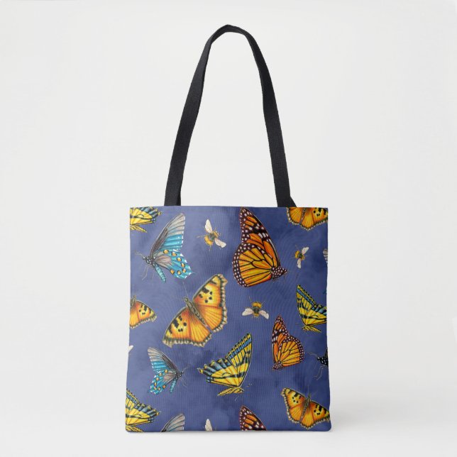 Schmetterlinge und Bienen auf dunkelblauen Himmeln Tasche (Vorderseite)