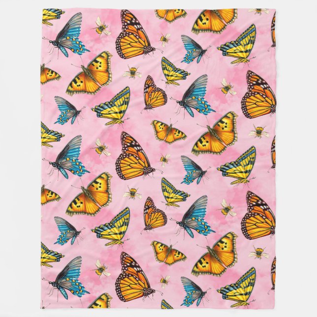 Schmetterlinge und Bienen über Peach Sky Fleecedecke (Vorderseite)