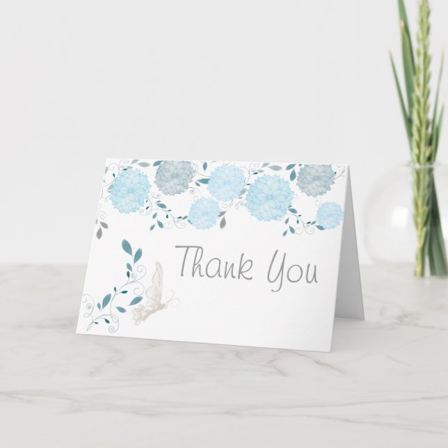 Schmetterlinge und blaue Chrysanthemen Vielen Dank Dankeskarte (Vorderseite)