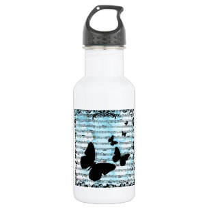Schmetterlinge und blaue Notizen Edelstahlflasche