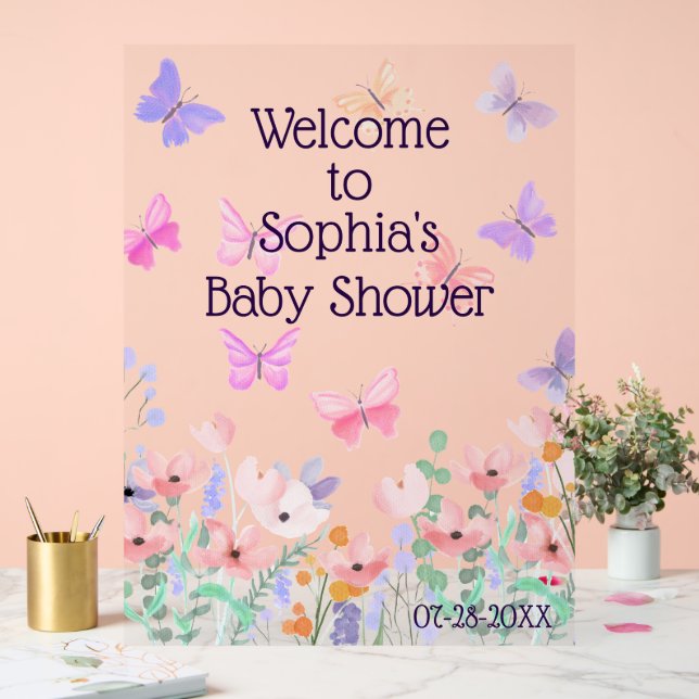 Schmetterlinge und Blooms Baby-Dusche Willkommen Acrylschild (Hochzeit)