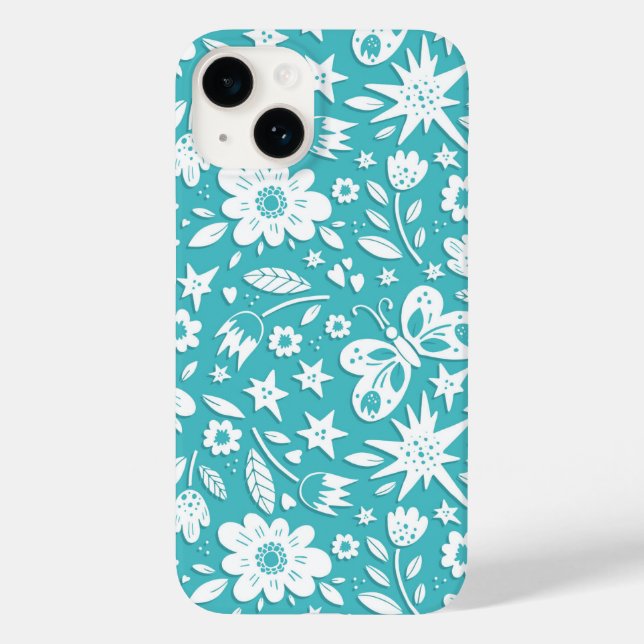 Schmetterlinge und Blume auf Aqua Case-Mate iPhone 14 Hülle (Rückseite)