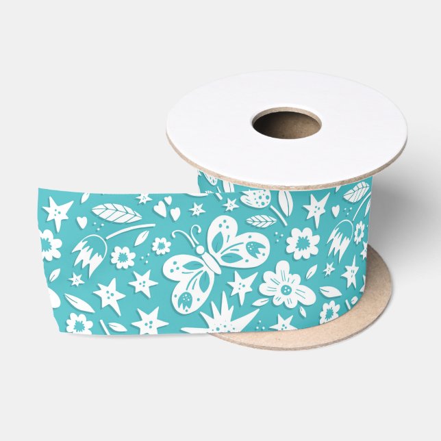 Schmetterlinge und Blume auf Aqua Satinband (Spule)