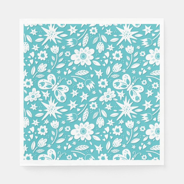 Schmetterlinge und Blume auf Aqua Serviette (Vorderseite)