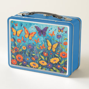 Schmetterlinge und Blume auf Blue Kid's Metall Brotdose