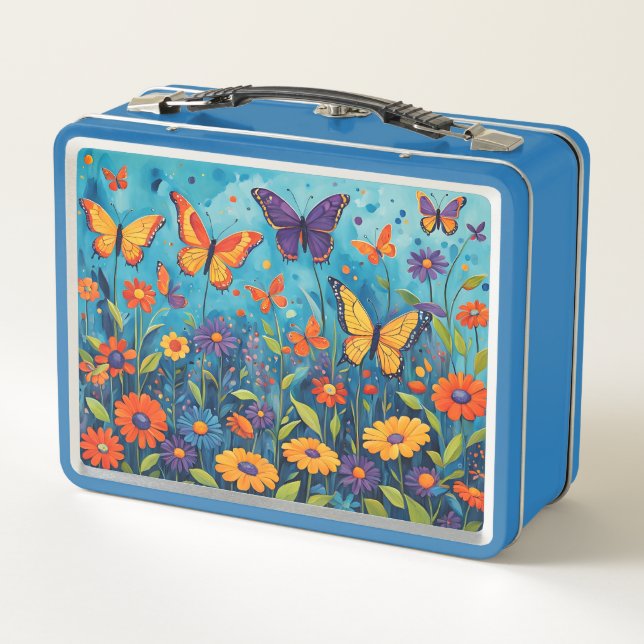 Schmetterlinge und Blume auf Blue Kid's Metall Brotdose (Rückseite)
