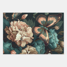 Schmetterlinge und Blume dunkles klassisches Desig Geschenkpapier Set