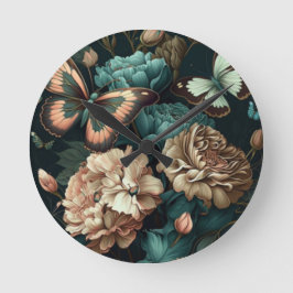 Schmetterlinge und Blume dunkles klassisches Desig Runde Wanduhr