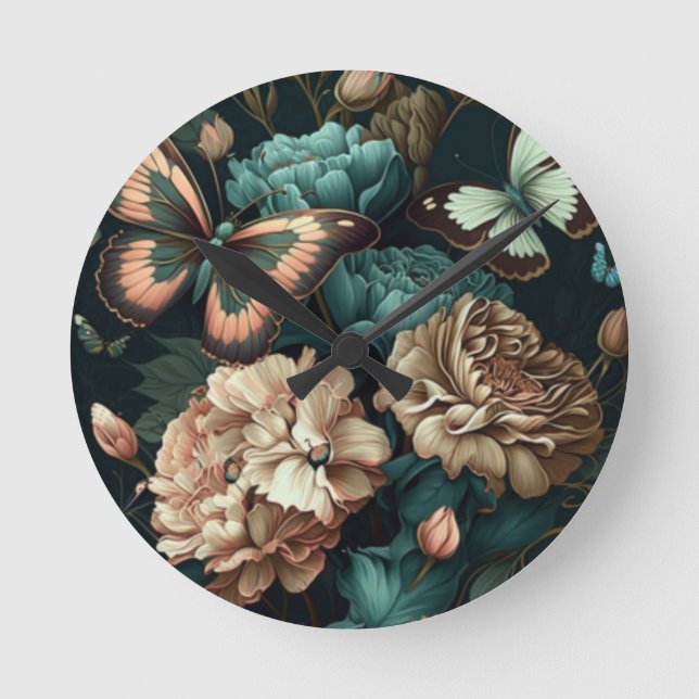 Schmetterlinge und Blume dunkles klassisches Desig Runde Wanduhr (Vorderseite)