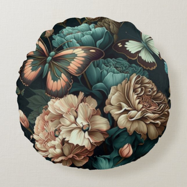 Schmetterlinge und Blume dunkles klassisches Desig Rundes Kissen (Vorderseite)