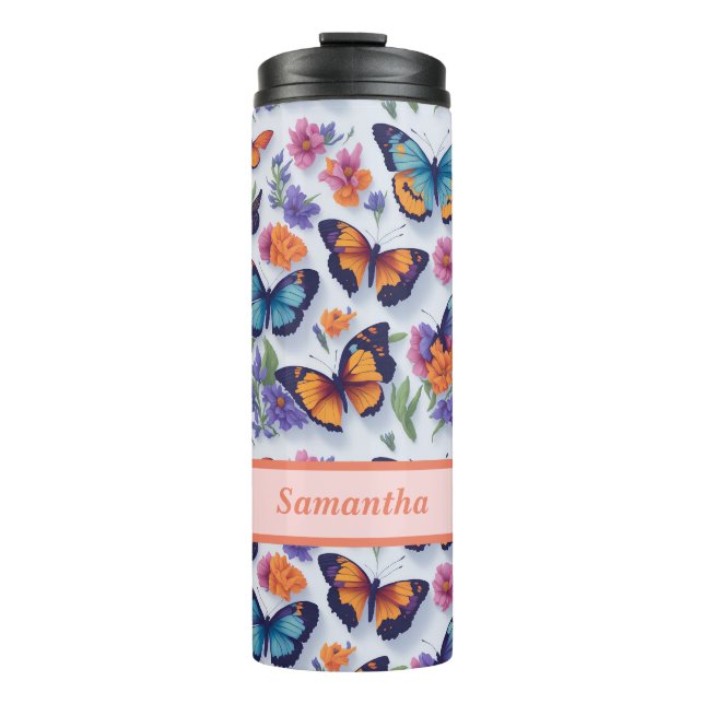Schmetterlinge und Blume für Mädchen und Frauen Thermosbecher (Vorderseite)