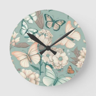 Schmetterlinge und Blume helle grüne Dekoration Runde Wanduhr