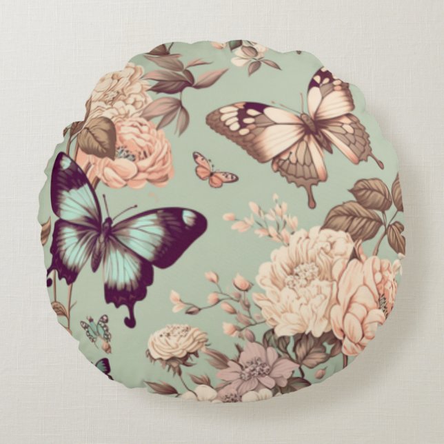 Schmetterlinge und Blume pastellgrün Rundes Kissen (Vorderseite)