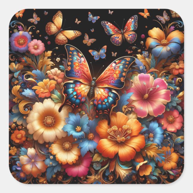 Schmetterlinge und Blume Quadratischer Aufkleber (Vorderseite)