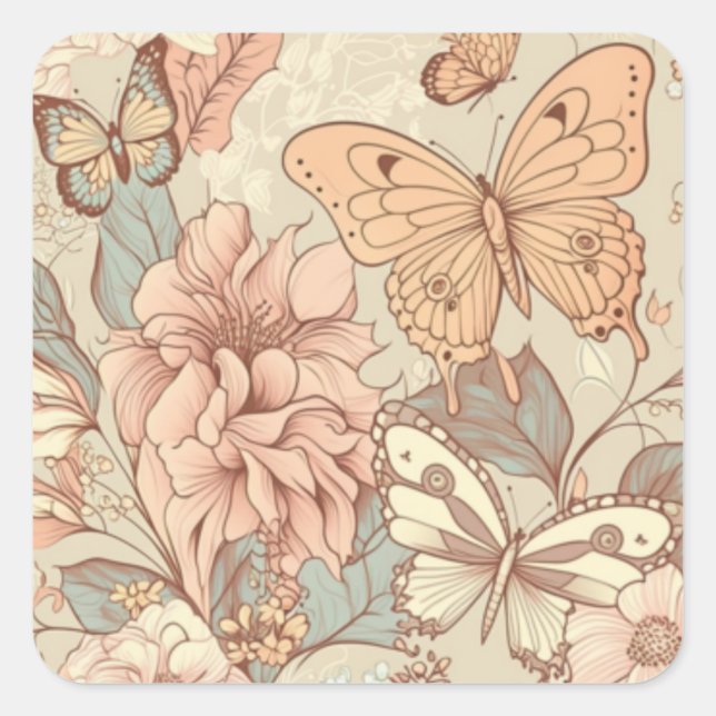 Schmetterlinge und Blume Quadratischer Aufkleber (Vorderseite)