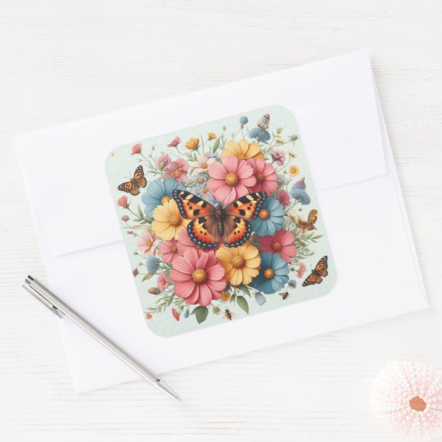Schmetterlinge und Blume Quadratischer Aufkleber (Umschlag)