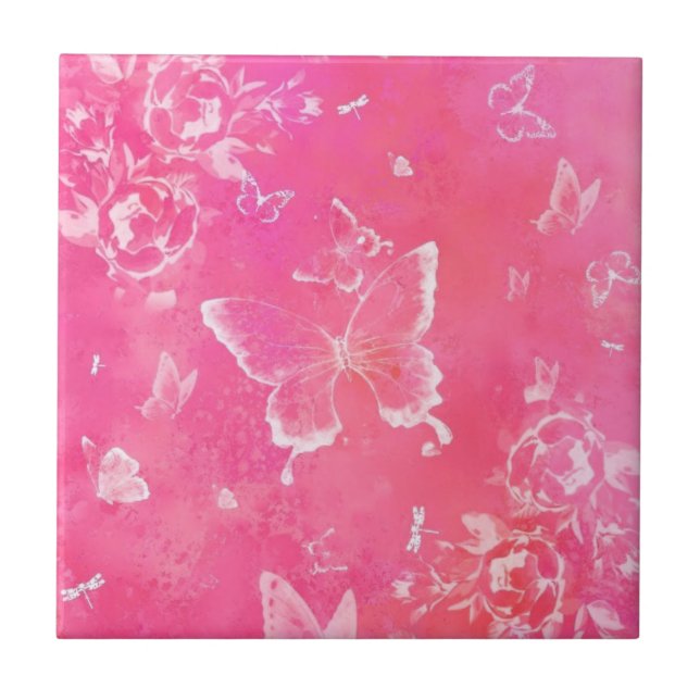 Schmetterlinge und Blume - rosa Kunst Fliese (Vorderseite)
