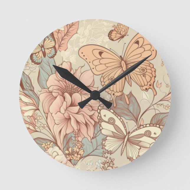 Schmetterlinge und Blume Runde Wanduhr (Vorderseite)