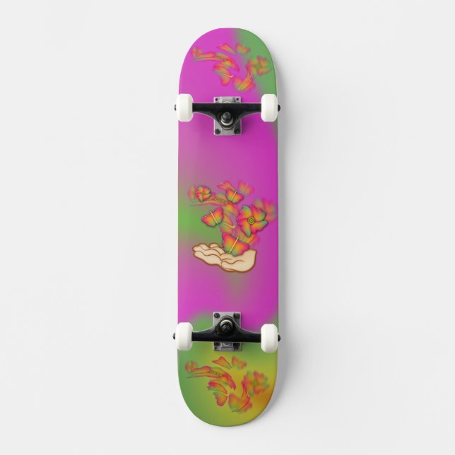 Schmetterlinge und Blume Skateboard (Vorderseite)