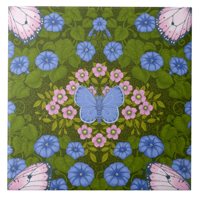 Schmetterlinge und Blume Symmetrie, blau und rosa Fliese (Vorderseite)