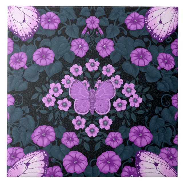 Schmetterlinge und Blume Symmetrie, Violett und Bl Fliese (Vorderseite)