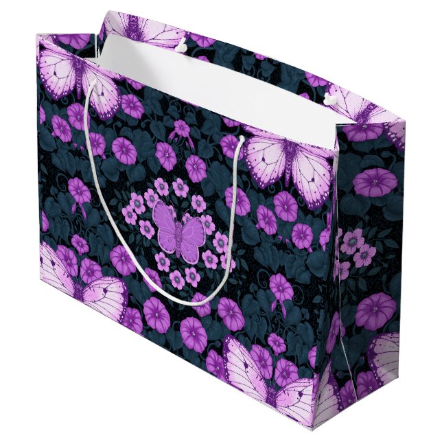 Schmetterlinge und Blume Symmetrie, Violett und Bl Große Geschenktüte (Rückseite Schrägansicht)