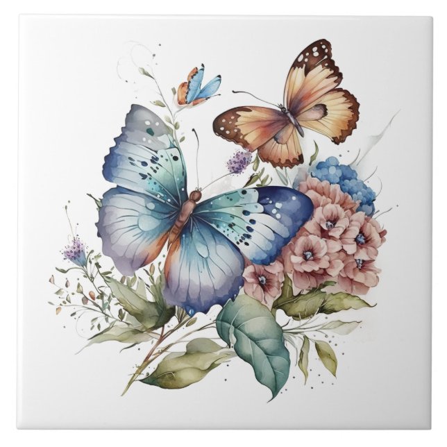 Schmetterlinge und Blume und Grünpflanzen Fliese (Vorderseite)