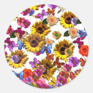 Schmetterlinge und Blume, Vollabdeckung Grafik Runder Aufkleber