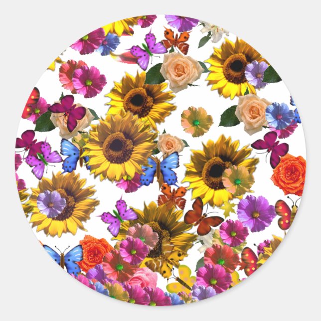 Schmetterlinge und Blume, Vollabdeckung Grafik Runder Aufkleber (Vorderseite)