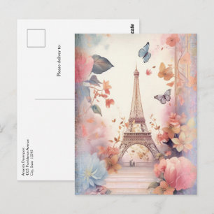 Schmetterlinge und Blumen des Eiffelturms Postkarte