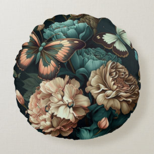 Schmetterlinge und Blumen dunkles klassisches Desi Rundes Kissen