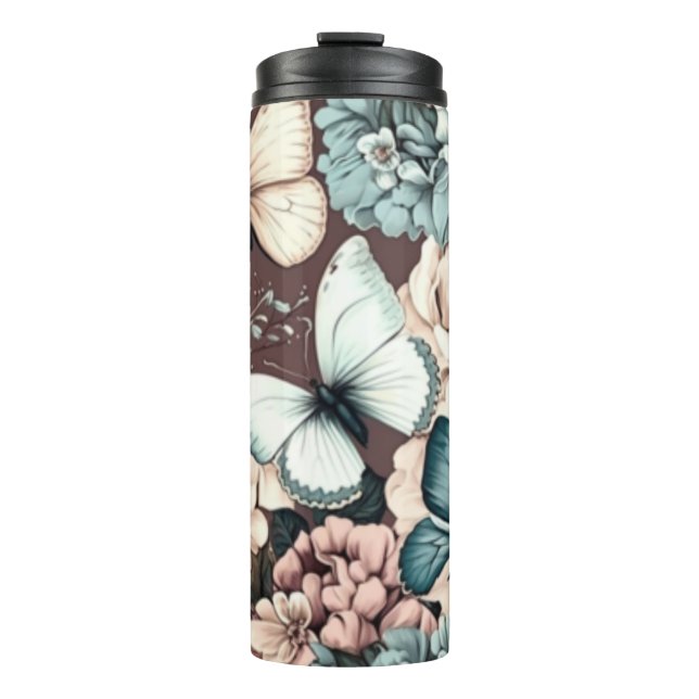 Schmetterlinge und braune Blume Thermosbecher (Vorderseite)