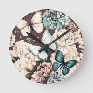 Schmetterlinge und braune Blumen Runde Wanduhr