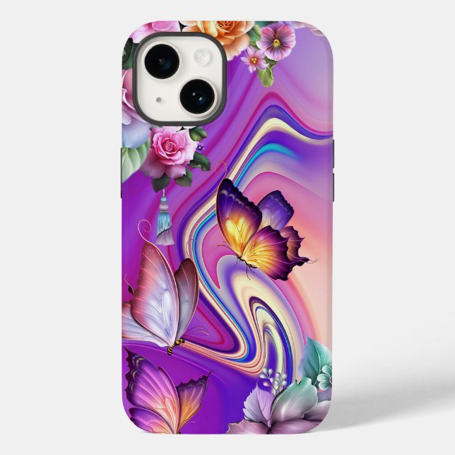 Schmetterlinge und bunte wirbelnde Hintergrundbild Case-Mate iPhone 14 Hülle (Rückseite)