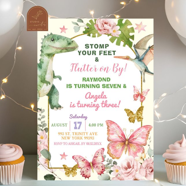 Schmetterlinge und Dinosaurier Gemeinsame Geschwis Einladung (Von Creator hochgeladen)