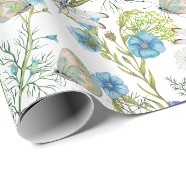 Schmetterlinge und Drachen fliegen mit Blume Geschenkpapier (Rolleneckpunkt)