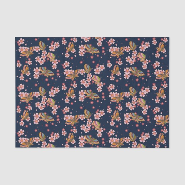 Schmetterlinge und Kirschblütenduschen Dusky Blau Seidenpapier (Vorderseite)