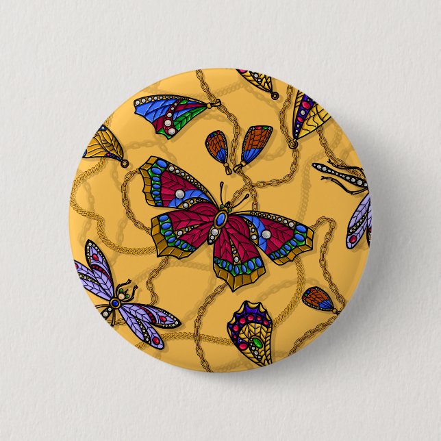 Schmetterlinge und Libellen auf Gelb Button (Vorderseite)