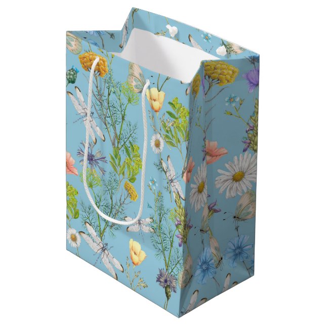 Schmetterlinge und Libellen auf Wildblumen Mittlere Geschenktüte (Vorderseite Schrägansicht)