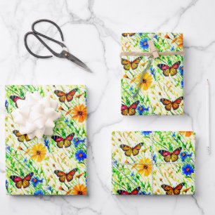 Schmetterlinge und Milchprodukte auf einer Wiese Geschenkpapier Set