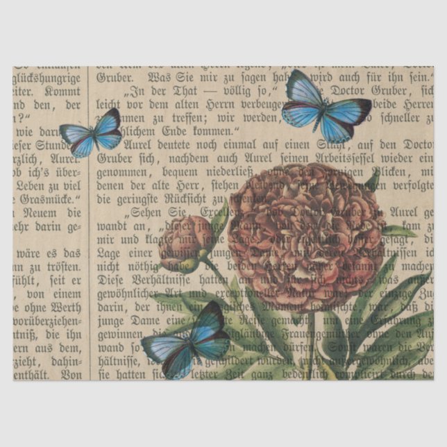 Schmetterlinge und Mohn über Zeitungsdekoupage Seidenpapier (Vorderseite)