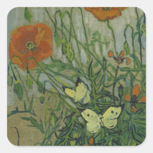 Schmetterlinge und Mohn von Vincent van Gogh Quadratischer Aufkleber
