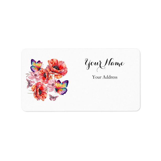 Schmetterlinge und Mohnblumen Adressaufkleber (Vorne)