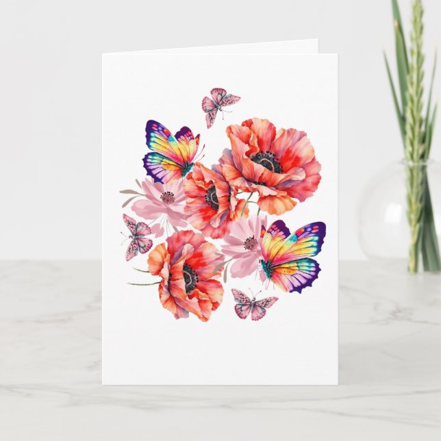 Schmetterlinge und Mohnblumen Dankeskarte (Vorderseite)