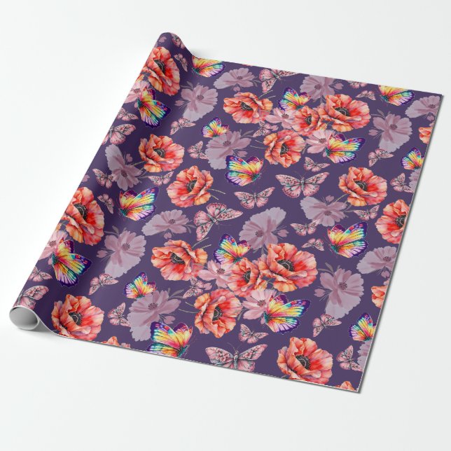 Schmetterlinge und Mohnblumen Geschenkpapier (Ungerollt)