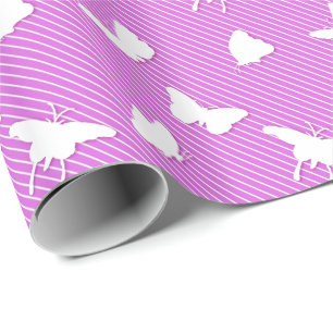 Schmetterlinge und Nadelstreifen - weiß auf Orchid Geschenkpapier