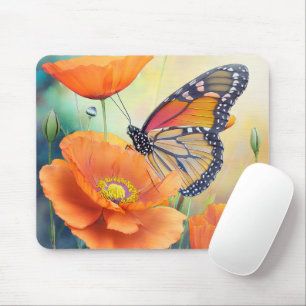 Schmetterlinge und orange Mohnblumen Botanisch Mousepad