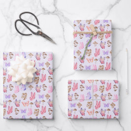 Schmetterlinge und Pilze auf blassem Lila Geschenkpapier Set